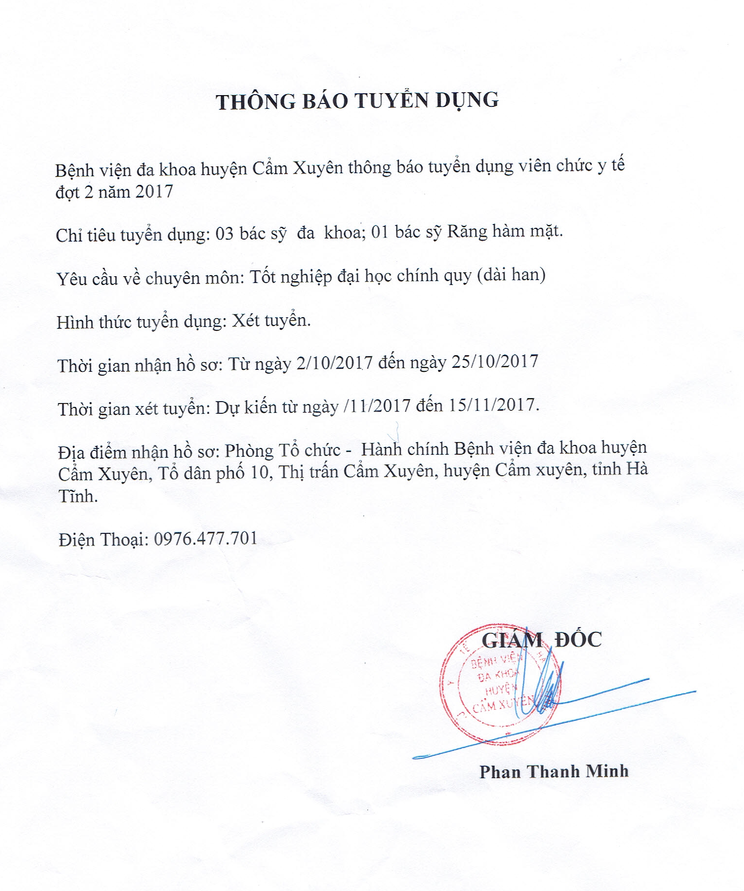 THÔNG BÁO TUYỂN DỤNG VIÊN CHỨC Y TẾ NĂM 2017 ĐỢT 2