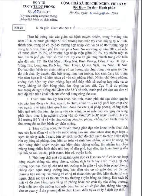 6 ca tử vong vì tay chân miệng, Bộ Y tế yêu cầu khẩn trương chống dịch