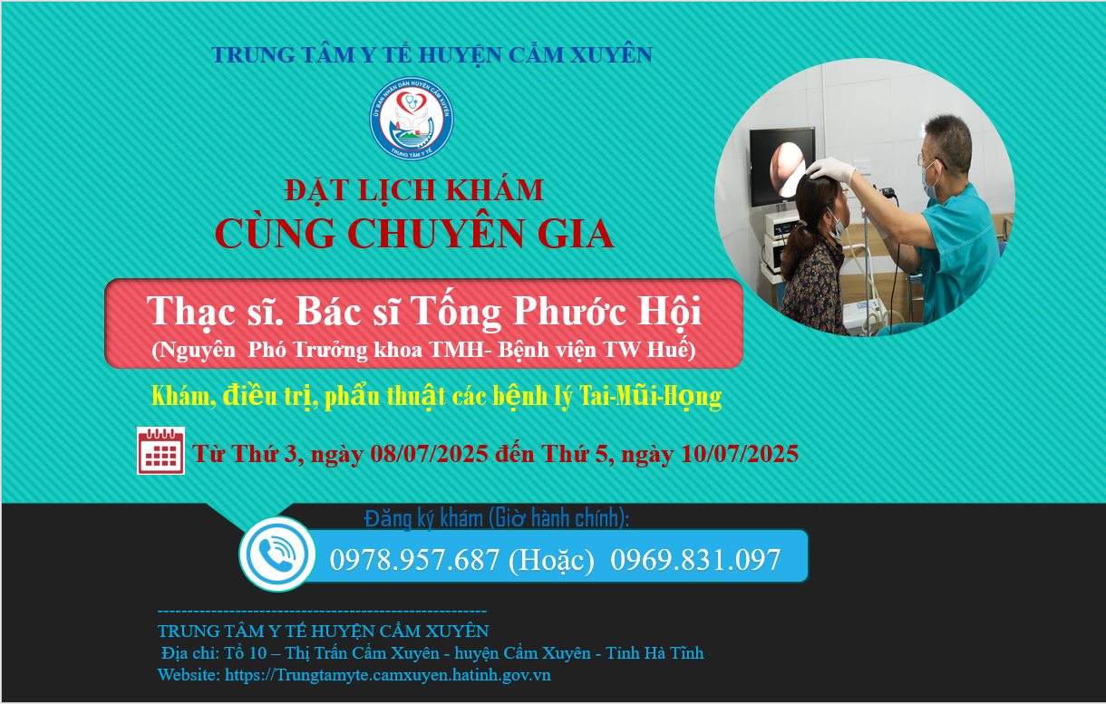 TRUNG TÂM Y TẾ HUYỆN CẨM XUYÊN PHỐI HỢP TỔ CHỨC KHÁM, TƯ VẤN VÀ ĐIỀU TRỊ CÁC BỆNH LÝ VỀ TAI MŨI HỌNG CÙNG CHUYÊN GIA BỆNH VIỆN TRUNG ƯƠNG HUẾ.