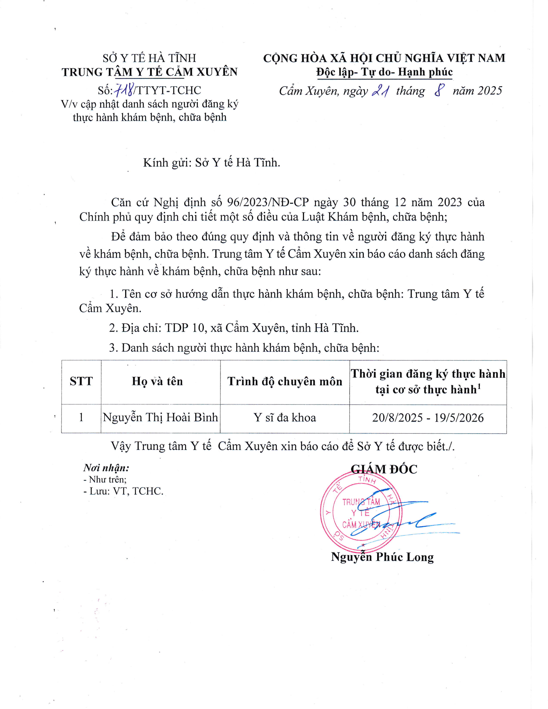Trung tâm Y tế Cẩm Xuyên cập nhật danh sách đăng ký thực hành khám bệnh, chữa bệnh