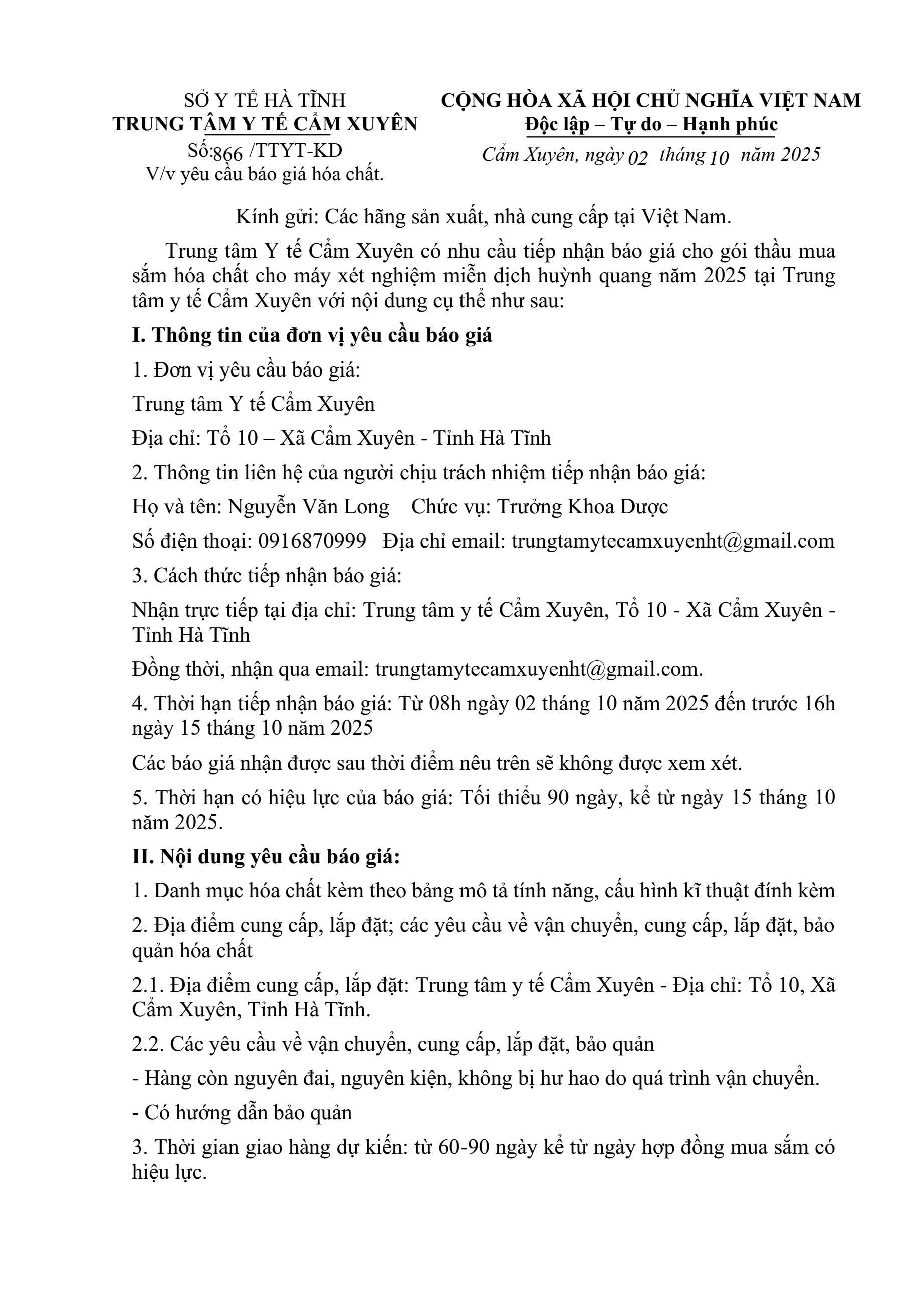 Thư yêu cầu báo giá hóa chất