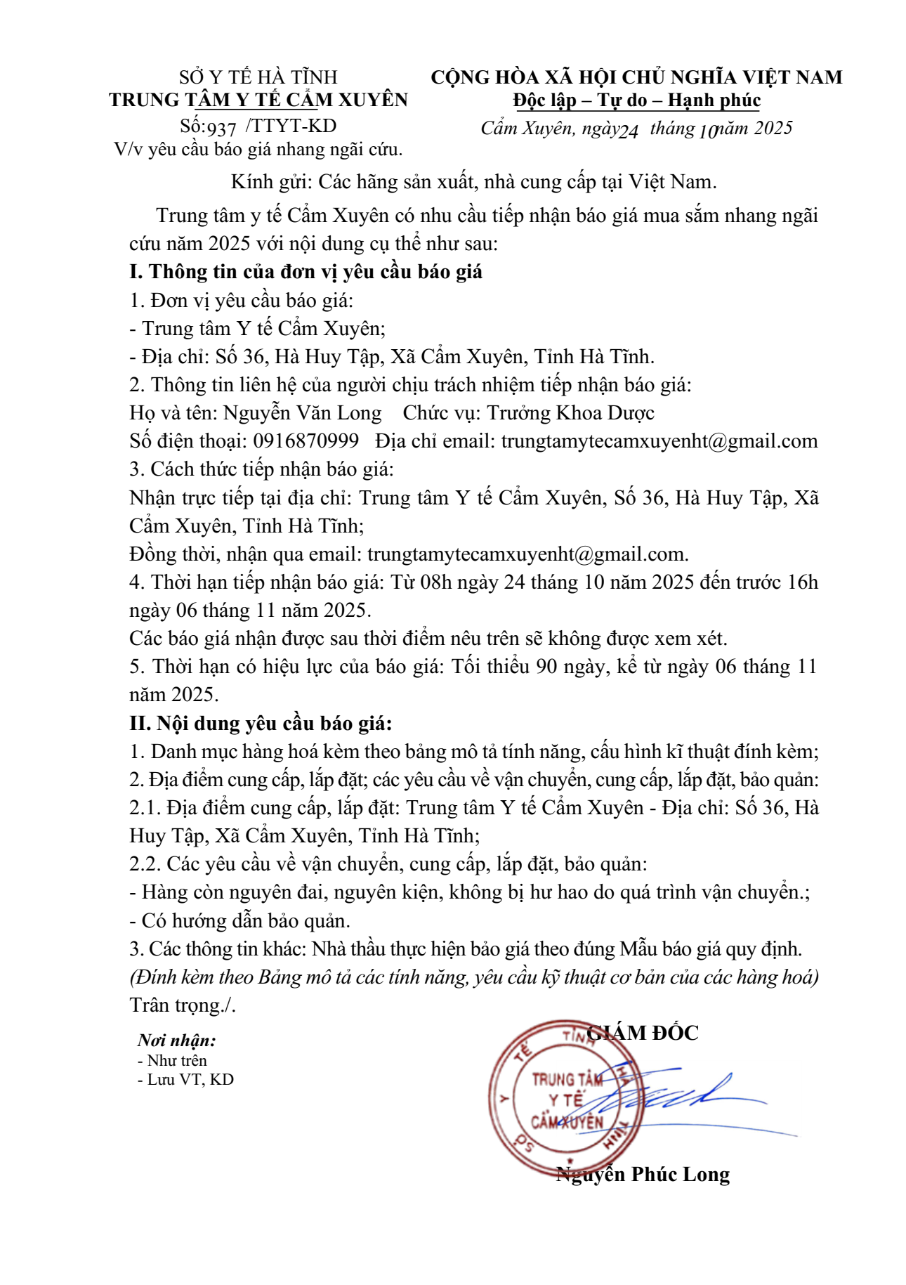 Thư yêu cầu báo giá nhang ngãi cứu