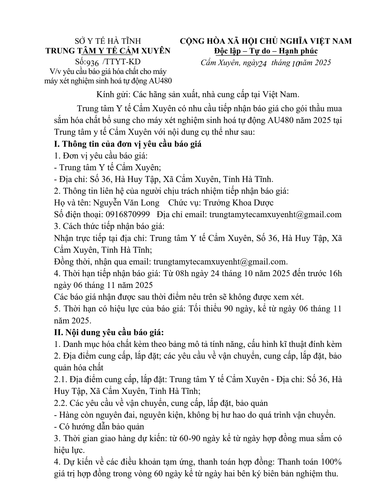 Thư yêu cầu báo giá hóa chất cho máy máy xét nghiệm sinh hoá tự động