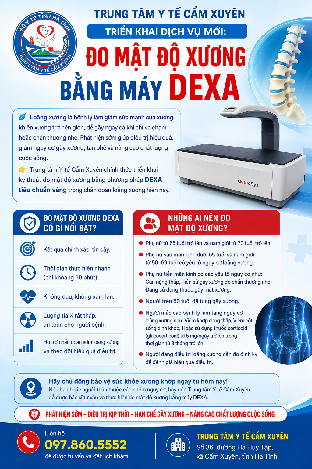 TRUNG TÂM Y TẾ CẨM XUYÊN TRIỂN KHAI DỊCH VỤ MỚI: ĐO MẬT ĐỘ XƯƠNG BẰNG MÁY DEXA