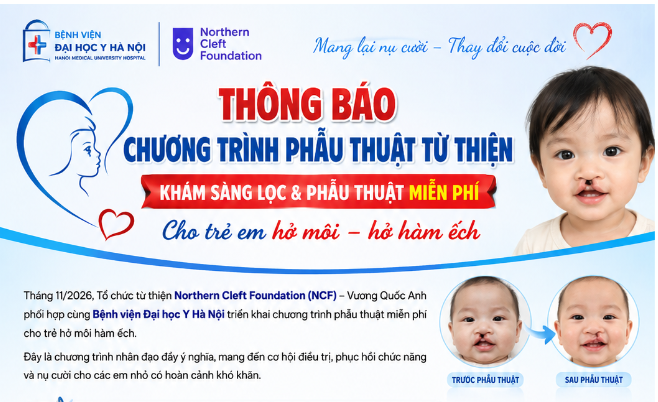 Tổ chức từ thiện Northern Cleft Foundation (NCF) – Vương Quốc Anh phối hợp cùng Bệnh viện Đại học Y Hà Nội triển khai chương trình phẫu thuật miễn phí cho trẻ hở môi hàm ếch